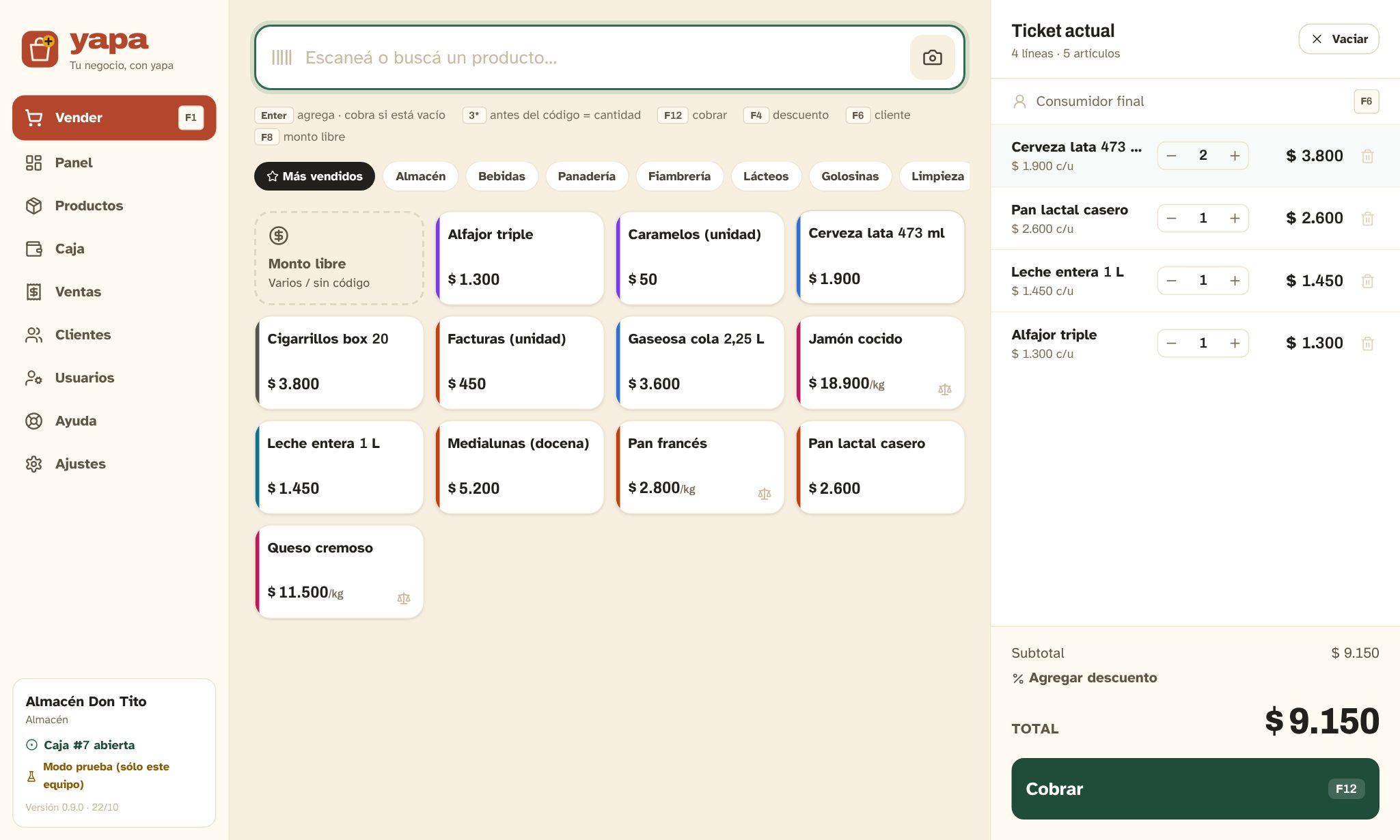 Pantalla de caja de Yapa: buscador de productos, botones de lo más vendido y el ticket con el total a cobrar